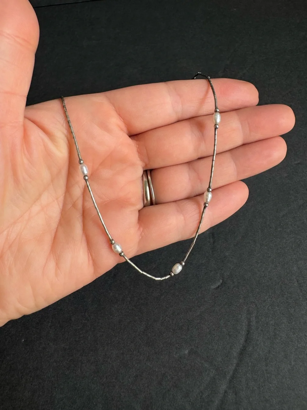 Vintage Rice Pearl Necklace Liquid Silver Bead Dainty Feminine Choker 16